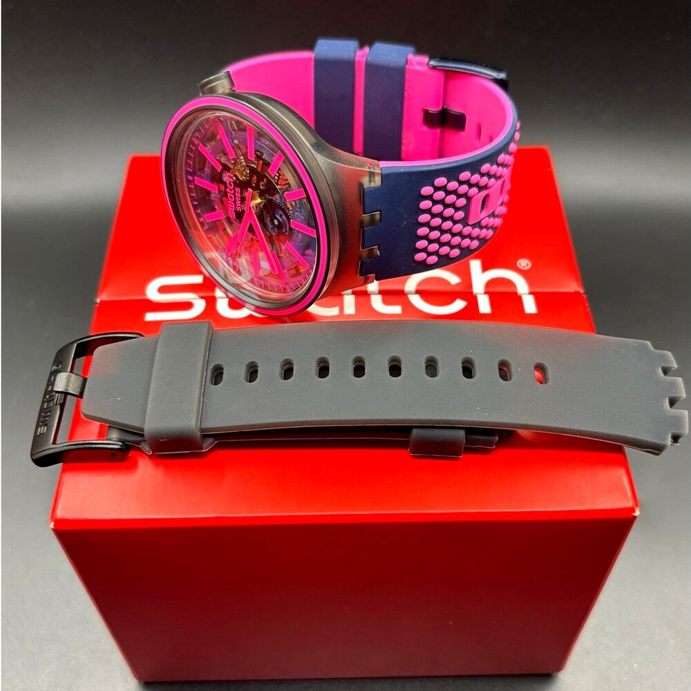 Swatch Big Bold Blue Taste SO27B111 Swiss Made Skeleton Watch NIB Two Straps - Picture 14 of 17